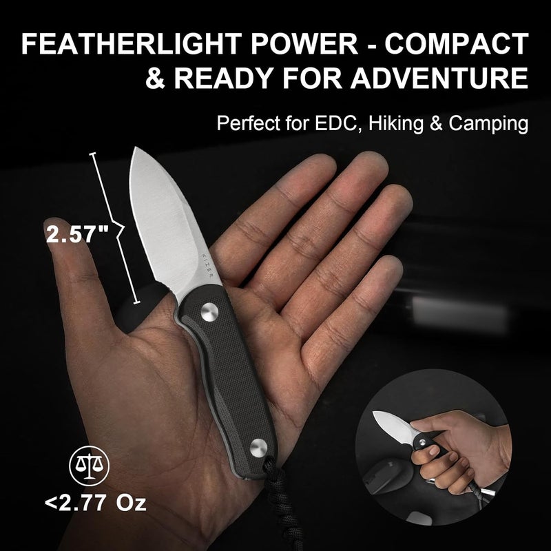 KIZER Drop Bear Fixed Blade Knife, 2.57" D2 Satin Blade EDC Camping Knife with Black G10 Handle and Hidden Tools, Outdoor Full Tang Hunting Survival Knives with Adjustable Kydex Sheath, 1094M2 - Image 2